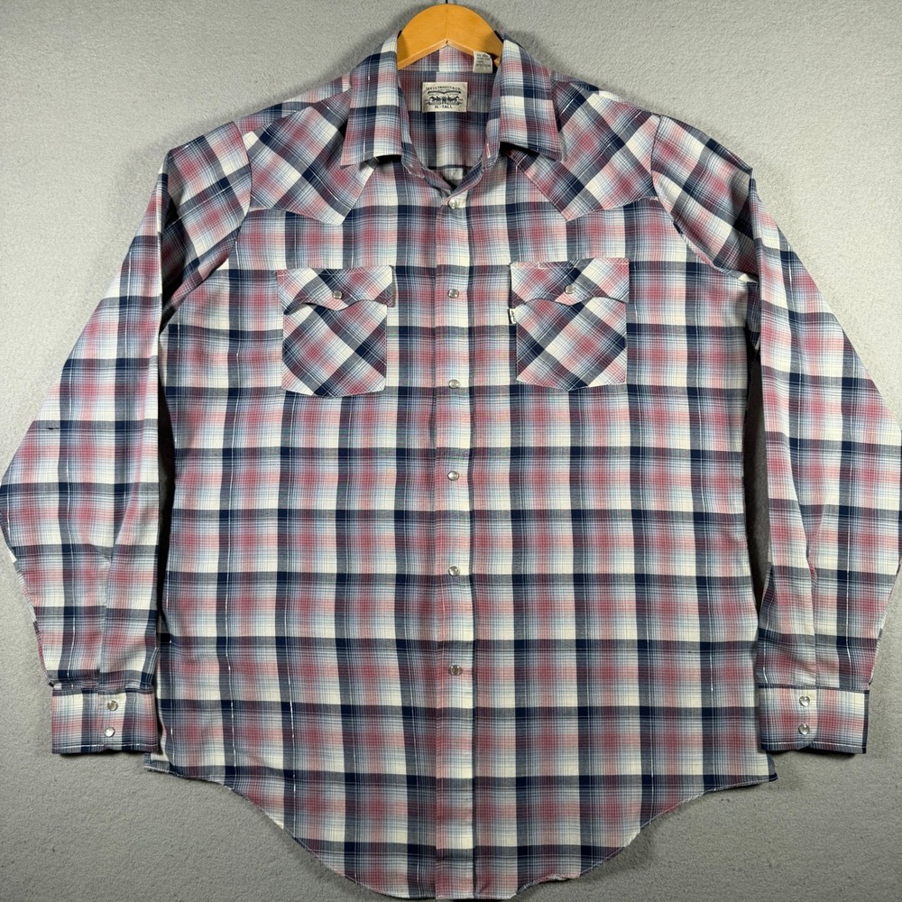 Levis Mens XL-Tall Plaid Western Pearl Snap Shirt Red White Blue Vintage Korea